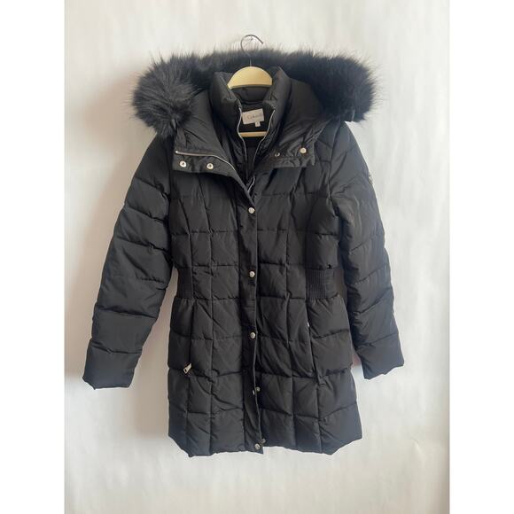 CALVIN KLEIN Black Puffer Jacket with Faux-Fur Trim Hood. Womens Black Small - Picture 1 of 15